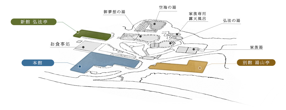 本館、別館 湯山亭、新館 弘法亭の場所