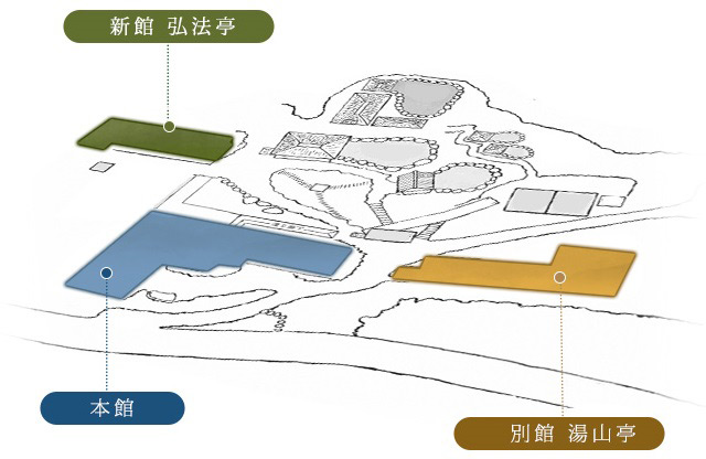 本館、別館 湯山亭、新館 弘法亭の場所